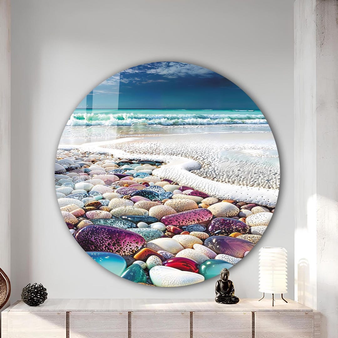 Ocean Beach Waves, Tempered Glass Wall Art, Wavy Sea Round Glass ...