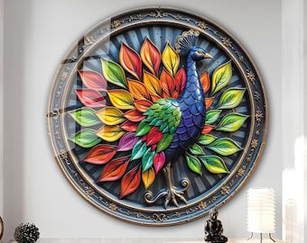 Pfau Schild, Glaspfau, Pfauenkranz Wandkunst, Gartendekoration, Türkranz, gehärtetes Glas Wandkunst
