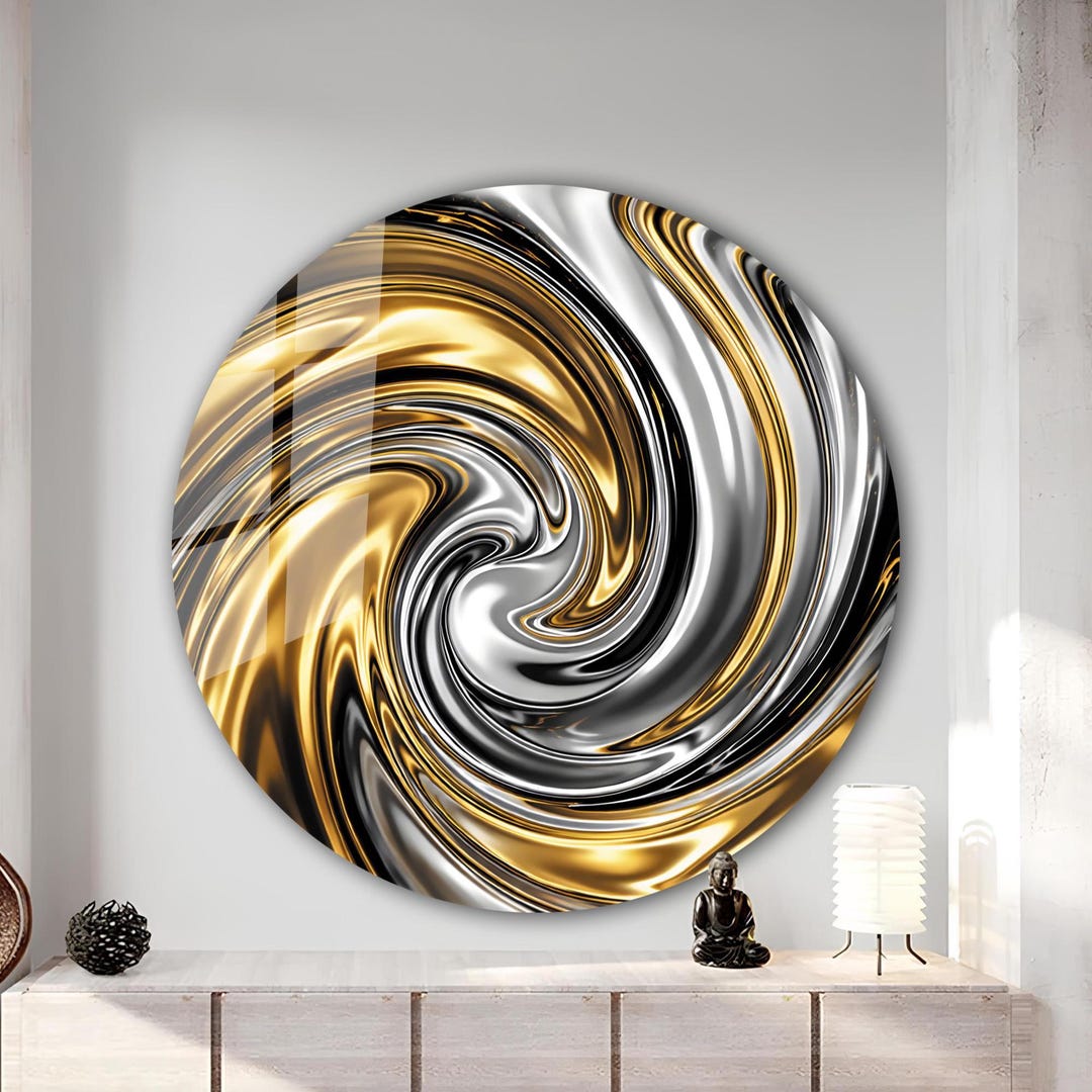 Gold and Silver Marble Round Glass Wall Art, Modern Luxury Wall Decor ...