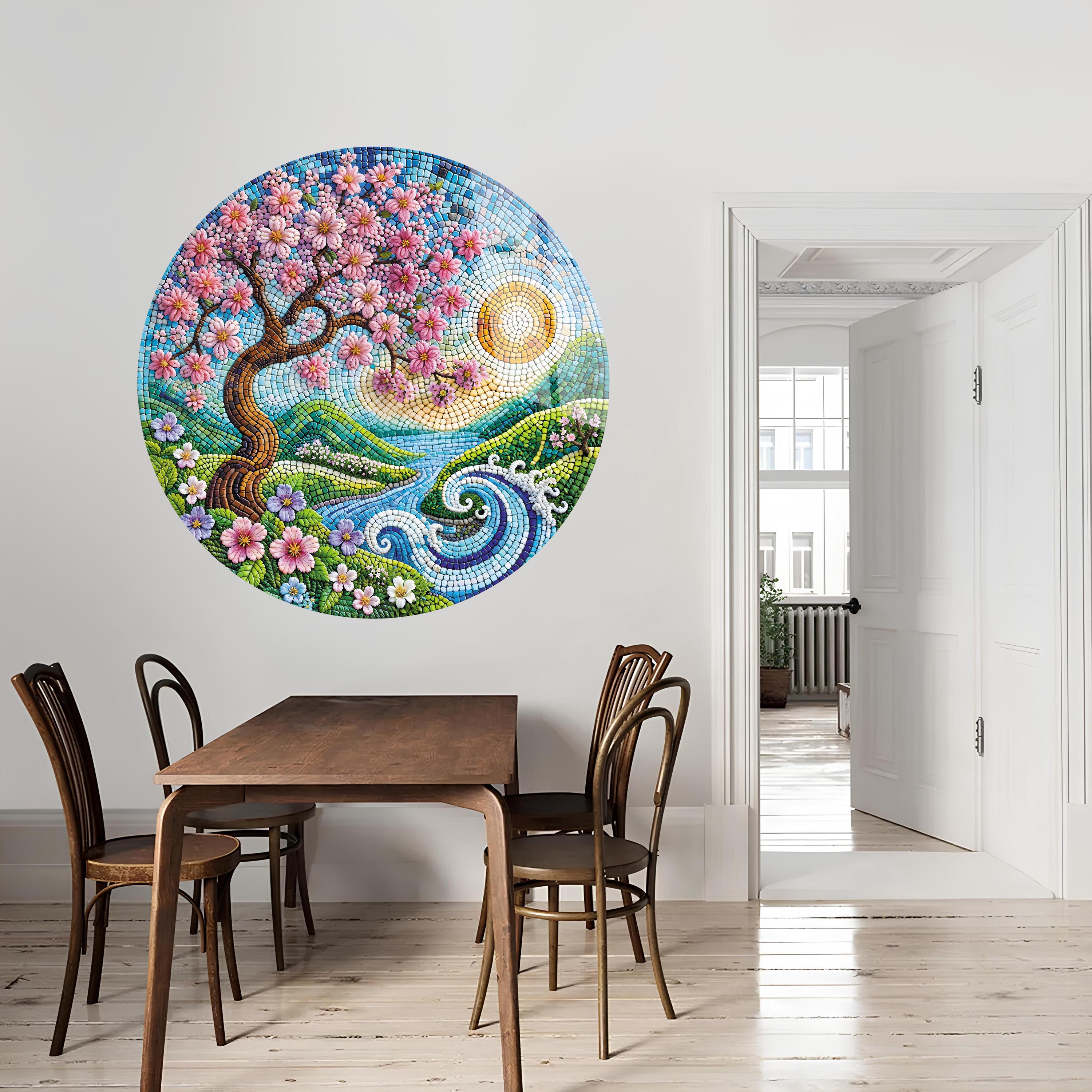 ステンドグラス風桜の円形ウォールアート | 桜強化ガラス | 富士山