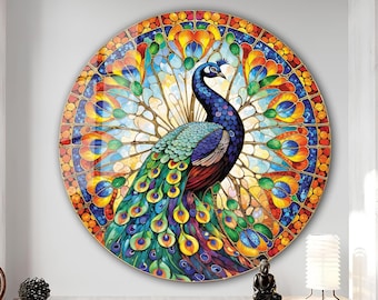 Pfau Schild, Glaspfau, Pfauenkranz Wandkunst, Gartendekoration, Türkranz, gehärtetes Glas Wandkunst