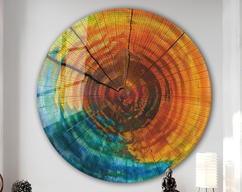 Arte de pared de vidrio con aspecto de resina azul sobre anillos de árboles, arte de pared de vidrio templado, decoración de pared de vidrio redondo abstracto, decoración de pared redonda con impresión de vidrio