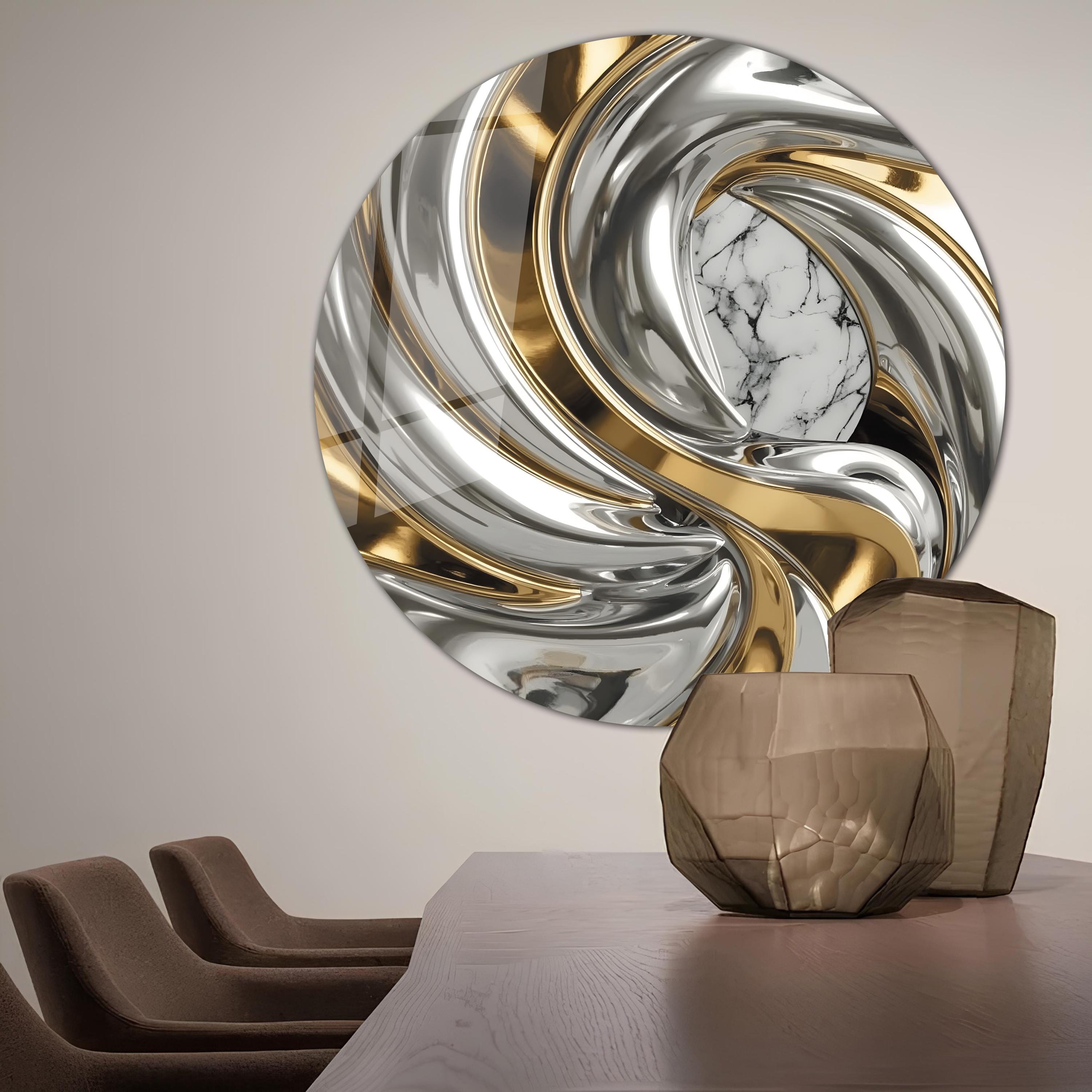 Gold and Silver Marble Round Glass Wall Art, Modern Luxury Wall Decor ...