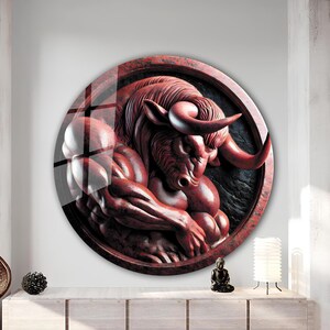 Ruby Red Minotaur Tempered Glass Wall Art, Greek Mythology