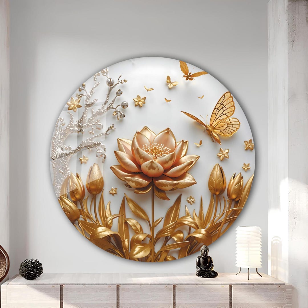 Tempered Glass Round Wall Art – Lotus Flower Decor, Vivid Floral ...