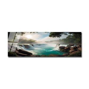 May include: A panoramic view of a waterfall cascading over rocks into a turquoise pool. Lush green trees frame the scene, with a misty sunrise in the background.