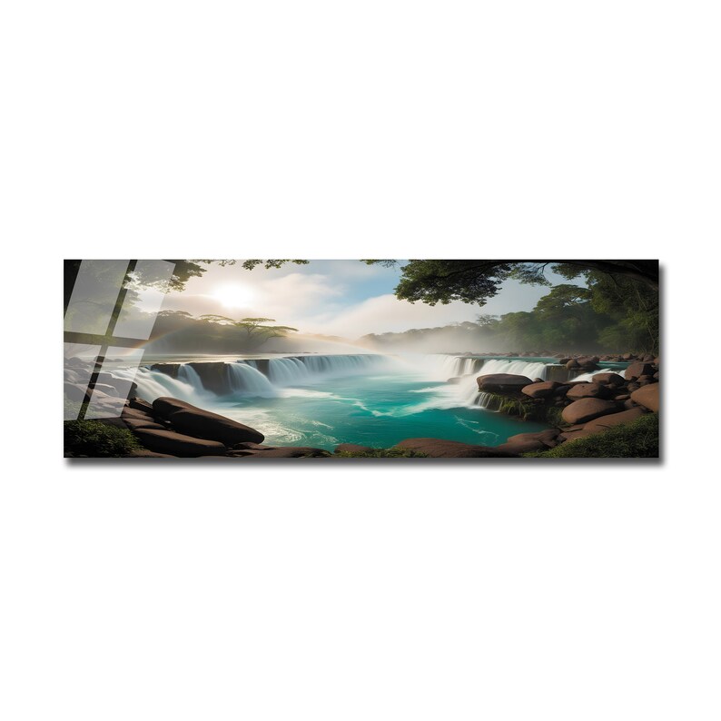 May include: A panoramic view of a waterfall cascading over rocks into a turquoise pool. Lush green trees frame the scene, with a misty sunrise in the background.
