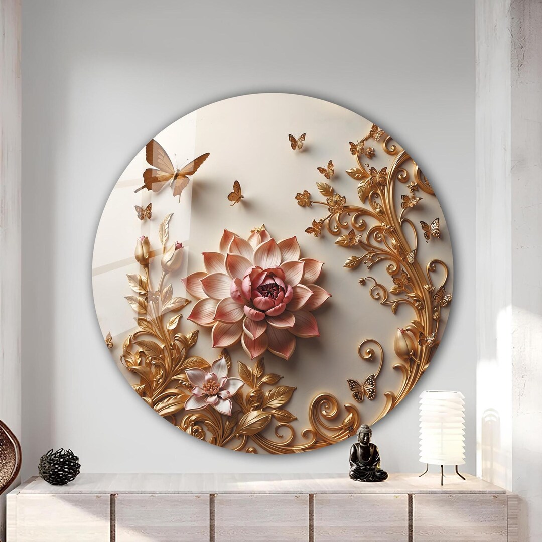 Tempered Glass Round Wall Art – Lotus Flower Decor, Vivid Floral ...