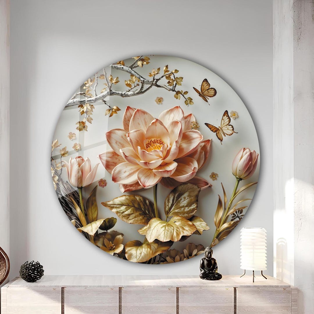 Tempered Glass Round Wall Art – Lotus Flower Decor, Vivid Floral ...