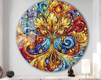 Tree of Life Stained Glass Wall Painting -Home&Office Wall Art Decor Round Wall Hangings-Stain Glass Art Deco Panel Uv Printing-Stepmom Gift