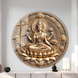 Gold Embossed Look Glass Wall Art, Lakshmi Wall Art, Goddess Wall Art Large, Tempered Glass Wall Art, Hindu God Wall Art, Lakshmi Wall Decor