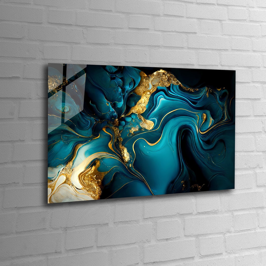 Blue Gold Abstract Marble Tempered Glass Wall Art, Blue Gold Marble Glass Wall Decor, Abstract