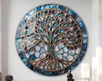May include: A round wall art piece featuring a tree of life design. The tree is rendered in gold, with a mosaic of blue, teal, and white glass pieces. The outer border is a mosaic of blue tiles. A decorative item for home decor.