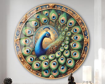 Pfau Schild, Glaspfau, Pfauenkranz Wandkunst, Gartendekoration, Türkranz, gehärtetes Glas Wandkunst