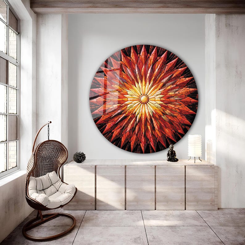 Golden Radiating Sun Round Tempered Glass Wall Art, Sun Stained Look Decor, Extra Large Wall ...
