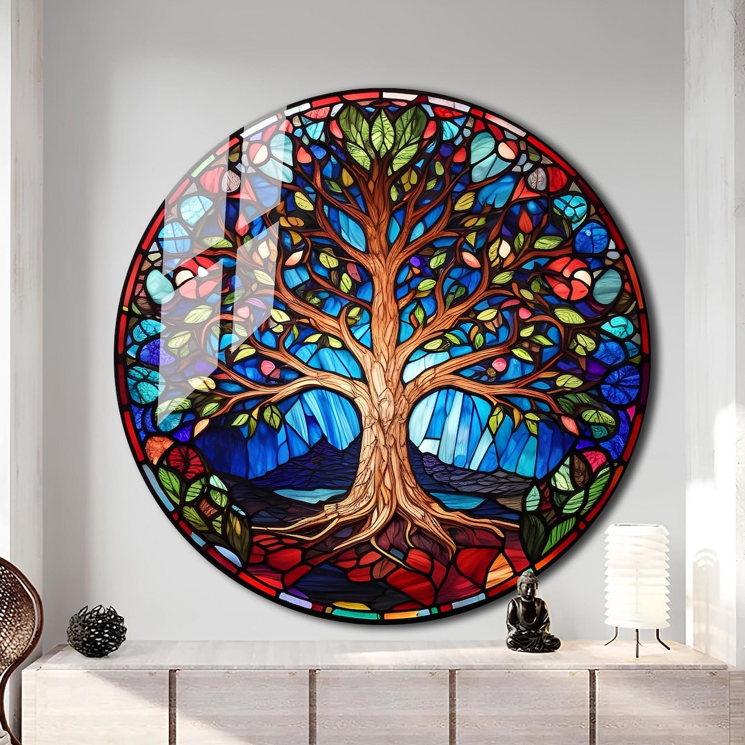 生命の樹ステンドグラス壁画 - 自宅＆オフィス用ウォールアート装飾
