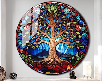 生命の樹ステンドグラス壁画 - 自宅＆オフィス用ウォールアート装飾