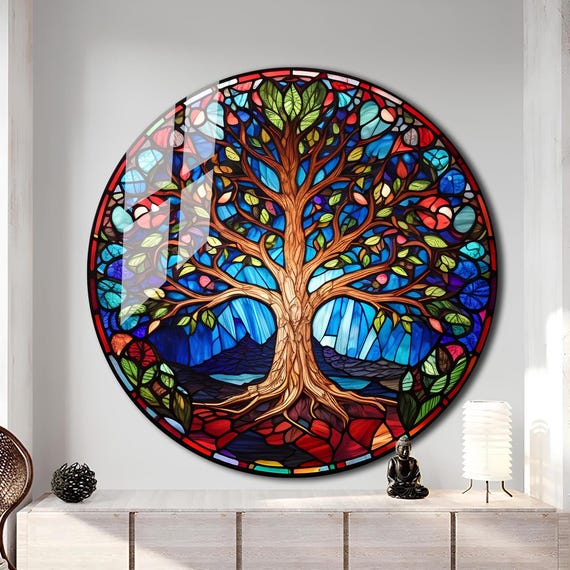 生命の樹ステンドグラス壁画 - 自宅＆オフィス用ウォールアート装飾