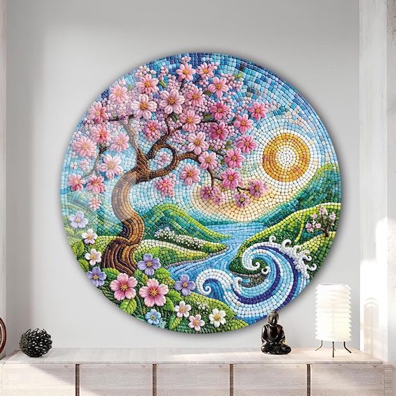 ステンドグラス風桜の円形ウォールアート | 桜強化ガラス | 富士山