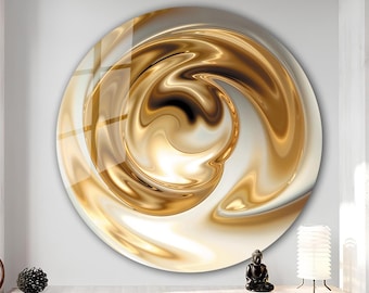 May include: Circular wall art featuring an abstract design in gold and white tones. The artwork has a glossy finish, creating a sense of depth and movement. The piece is mounted on a white wall, with a small statue and lamp visible below.