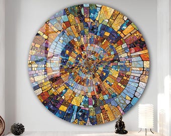 May include: A round wall art piece featuring a mosaic design. The mosaic is composed of small, colourful squares and rectangles. The colours in the mosaic include blue, green, yellow, orange, red, and purple. The mosaic is arranged in a circular pattern, with the centre of the circle being the darkest colour.