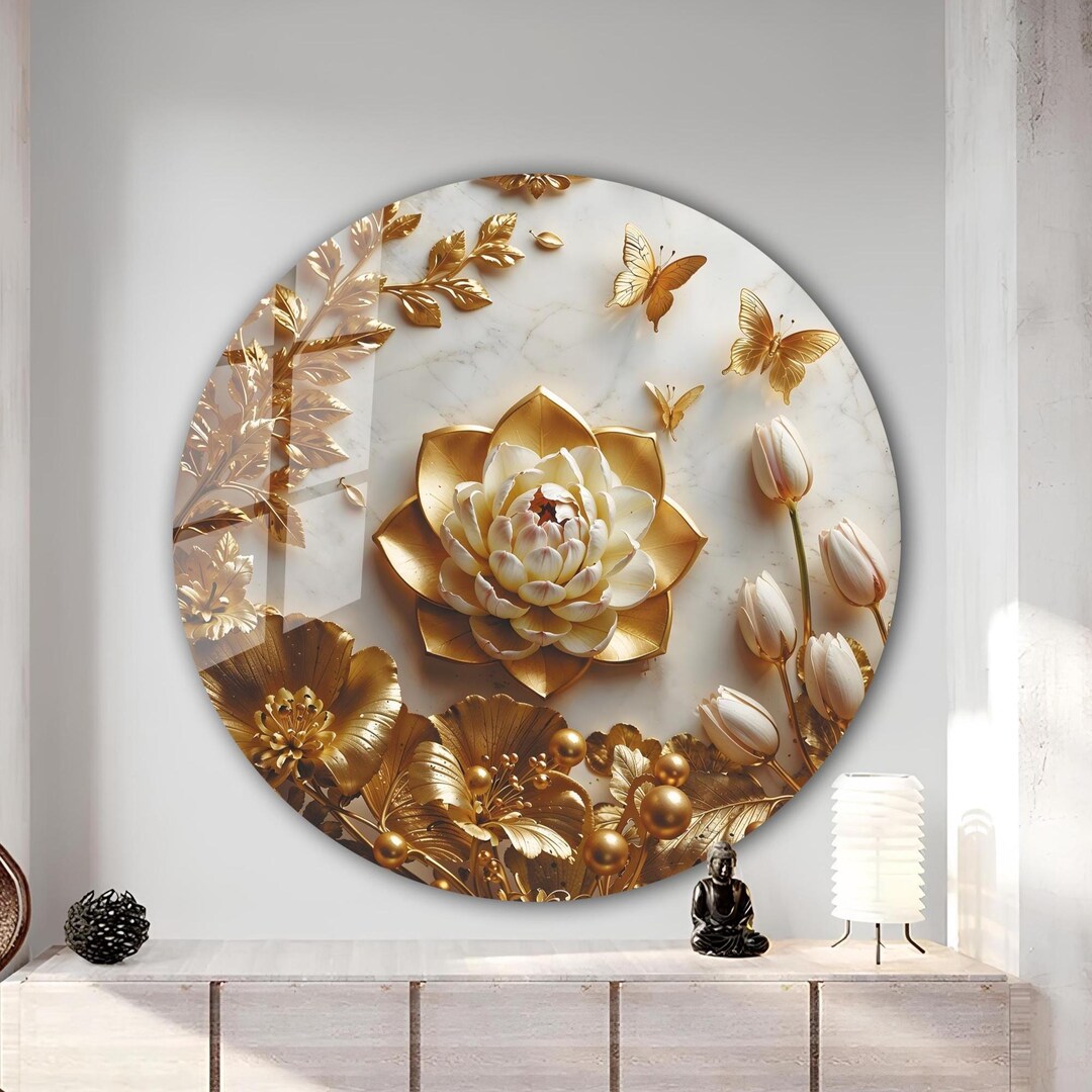 Tempered Glass Round Wall Art – Lotus Flower Decor, Vivid Floral ...
