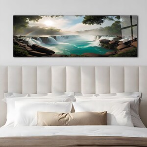 May include: A panoramic photograph of a waterfall cascading over rocks with a rainbow in the mist. Lush green trees frame the scene, and the water is a vibrant turquoise.