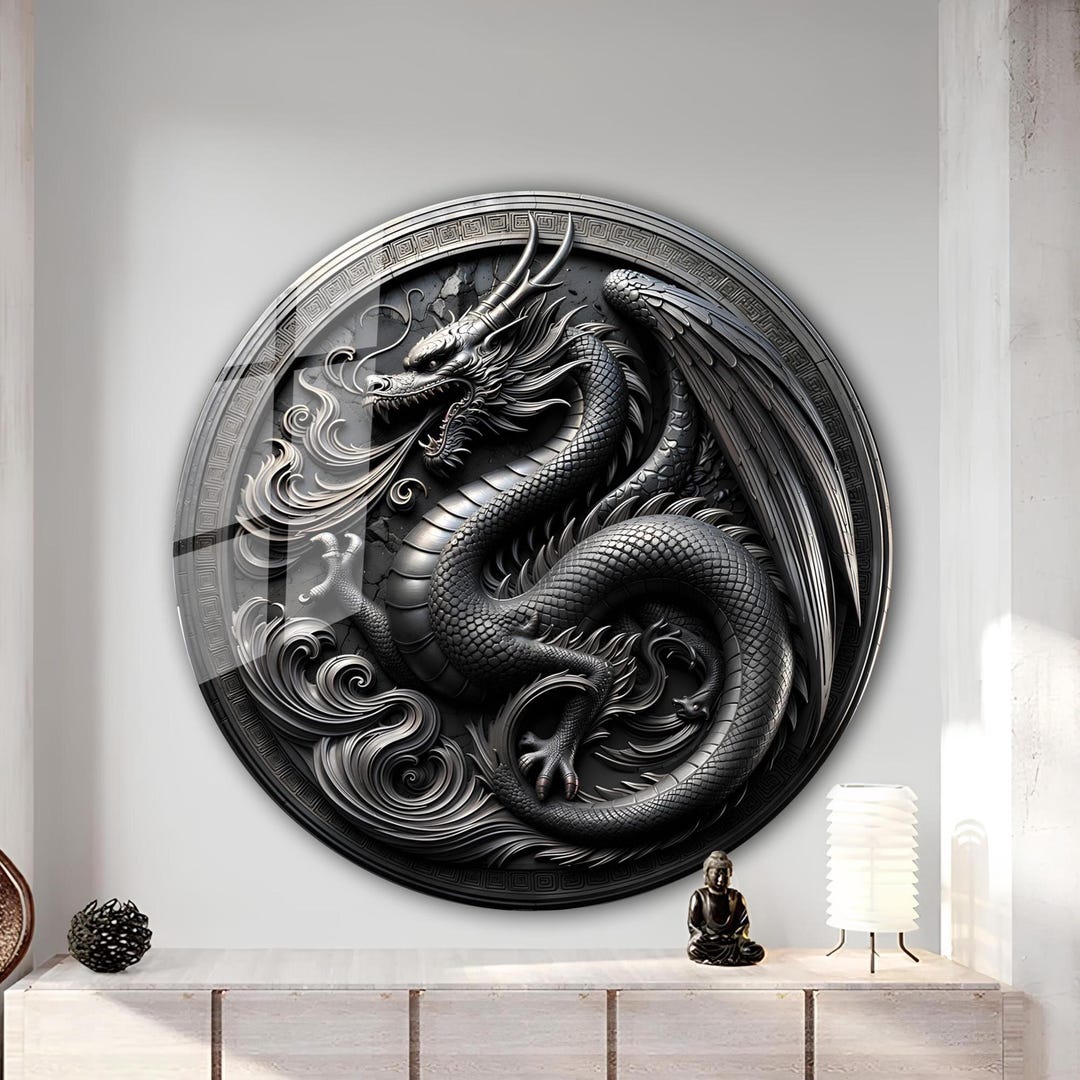 Black Dragon Tempered Glass Wall Art, Mythologic Round Decor - Etsy
