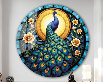 Pfau Schild, Glaspfau, Pfauenkranz Wandkunst, Gartendekoration, Türkranz, gehärtetes Glas Wandkunst