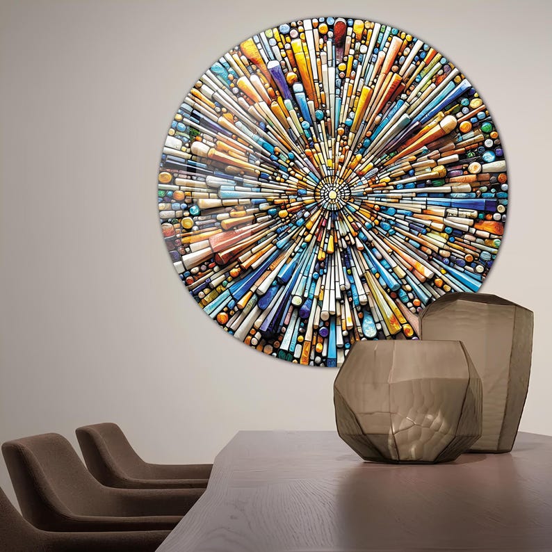 May include: A circular wall art piece with a colorful mosaic design. The mosaic is made up of small, geometric shapes in shades of blue, yellow, orange, and white. The design radiates outward from the center, creating a sense of movement and energy.