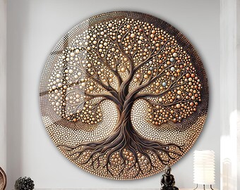 Rustic Tree of Life Stained Glass Wall Printing Home&Office Wall Art Decor Round Wall Hangings-Stain Glass Art Uv Printing, Mosaic Look Tree