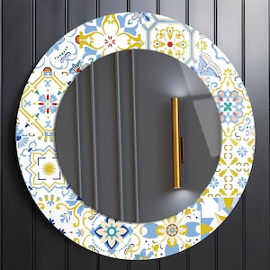 Round Mirror Wall Decor, Mirror Decor for Bedroom, Tempered Glass Mirror Decor for Living Room, Mirror for Bathroom - Korean Pattern Theme