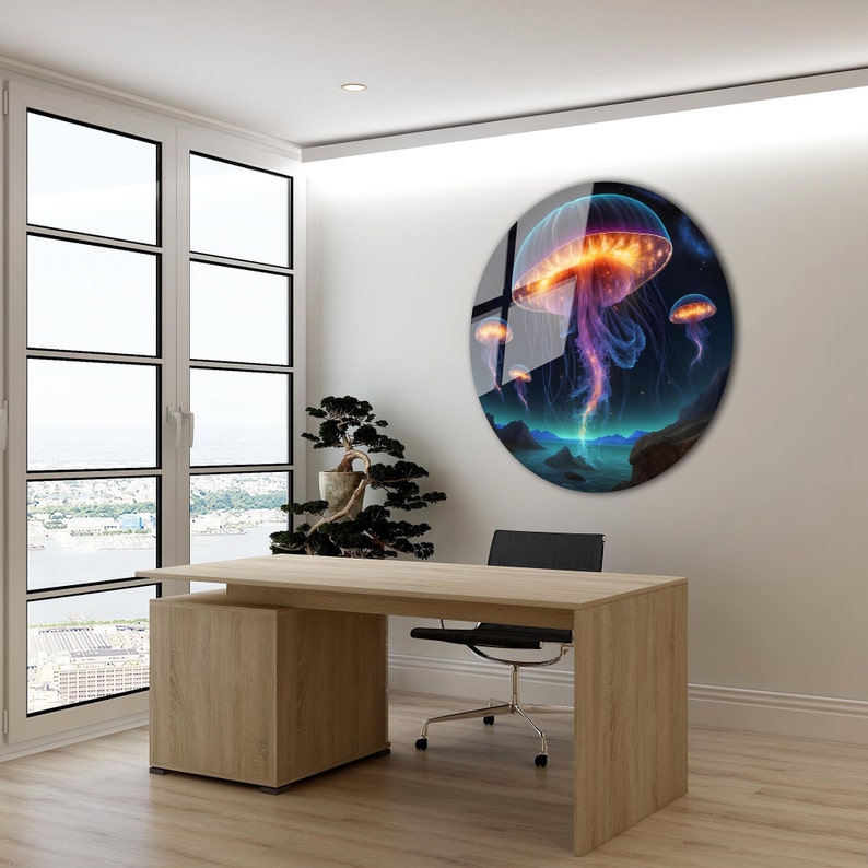 Neon Jellyfish, Glass Printing Wall Art, Glass Wall Art, Tempered Glass