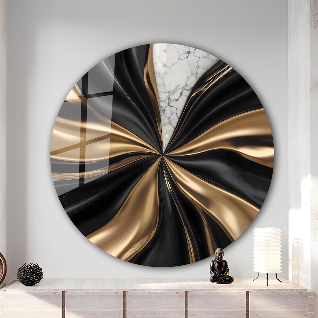 Gold and Black Marble Round Glass Wall Art, Modern Luxury Wall Decor ...