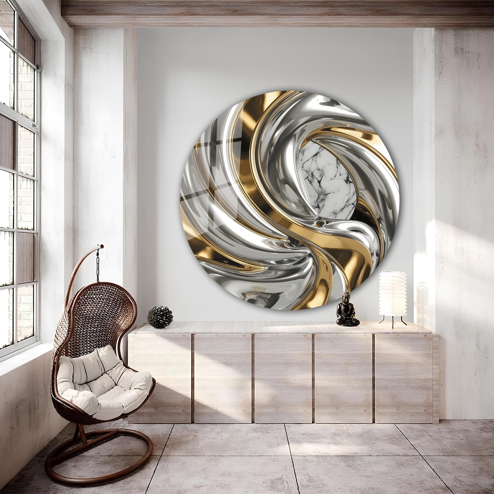 Gold and Silver Marble Round Glass Wall Art, Modern Luxury Wall Decor ...