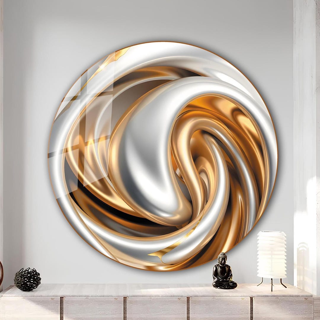 Gold and White Marble Round Glass Wall Art, Modern Luxury Wall Decor ...