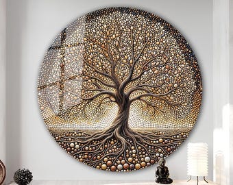 Rustic Tree of Life Stained Glass Wall Printing Home&Office Wall Art Decor Round Wall Hangings-Stain Glass Art Uv Printing, Mosaic Look Tree
