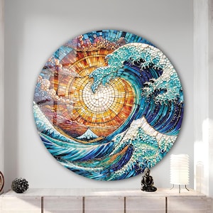 Tempered Glass Wall Art-Round Wall Art Gift-Circle Wall Art-Tempered Glass Art-Glass Wall Decor-Sea Waves wall art-wave sunset Wall Art