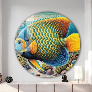 Angel Fish Wall Art, Tempered Glass Wall Art, Glass Printing, Koi Fish Wall Decor Glass Large Wall Art, Sea Life Wall Art, Round Wall Art