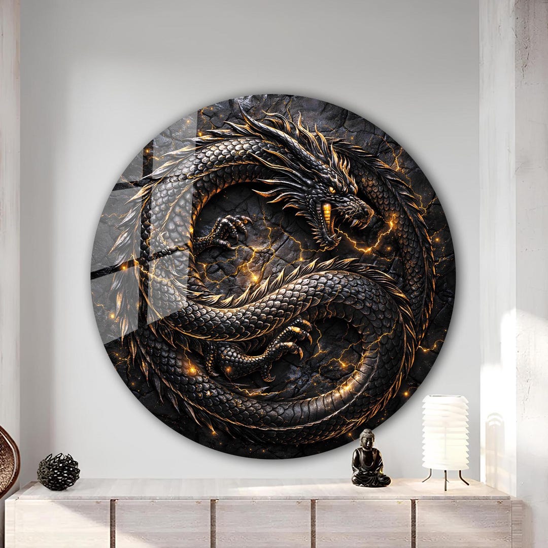 Black Dragon Tempered Glass Wall Art, Mythologic Round Decor - Etsy