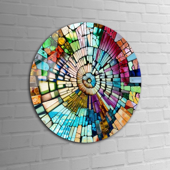 Stained Glass Wall Art Print Round Glass Art Panoramic Large Wall Art Tempered Glass Printing Art Stained Glass Paint Mosaic Circle Wall Art