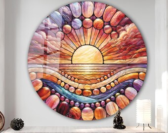 Sunset Tempered Glass Wall Art-Stained Round Wall Art-Circle Wall Art-Tempered Glass-Glass Wall Decor-Abstract Glass Art-Round Wall Decor