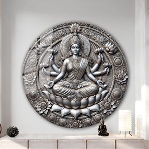 Silver Embossed Look Glass Wall Art, Lakshmi Wall Art, Goddess Wall Art Large,Tempered Glass Wall Art, Hindu God Wall Art,Lakshmi Wall Decor