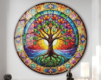 Tree of Life Stained Glass Wall Painting Home&Office Wall Art Decor Round Wall Hanging Stained Glass Art Deco Printing Colorful Wall Decor