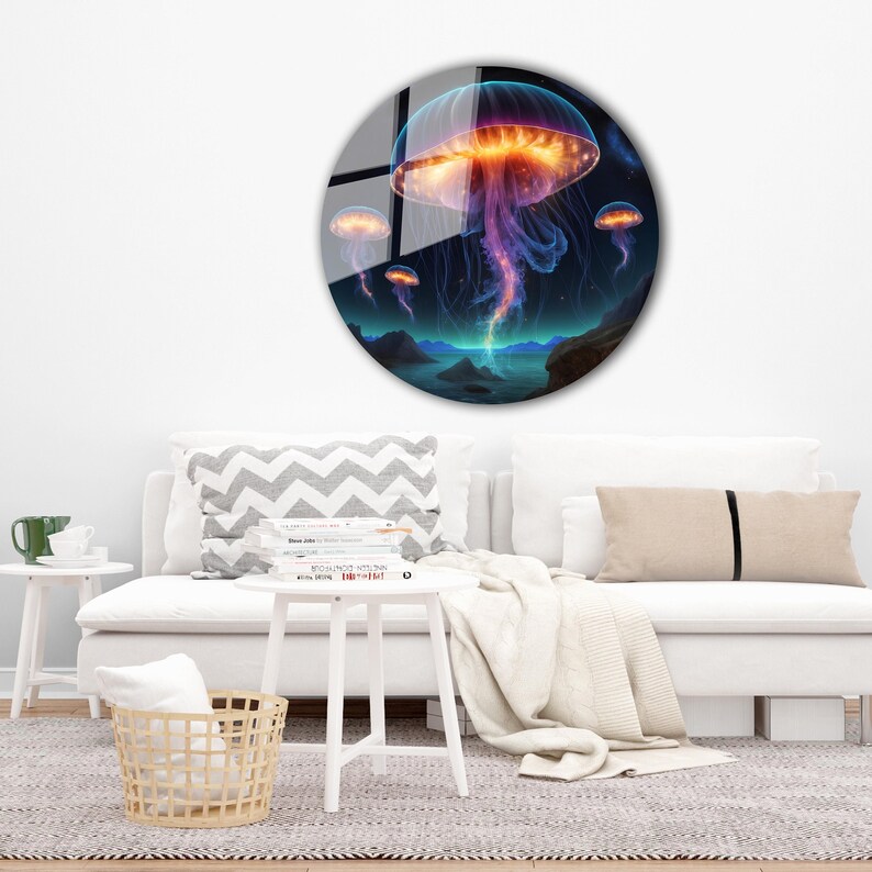 Neon Jellyfish, Glass Printing Wall Art, Glass Wall Art, Tempered Glass