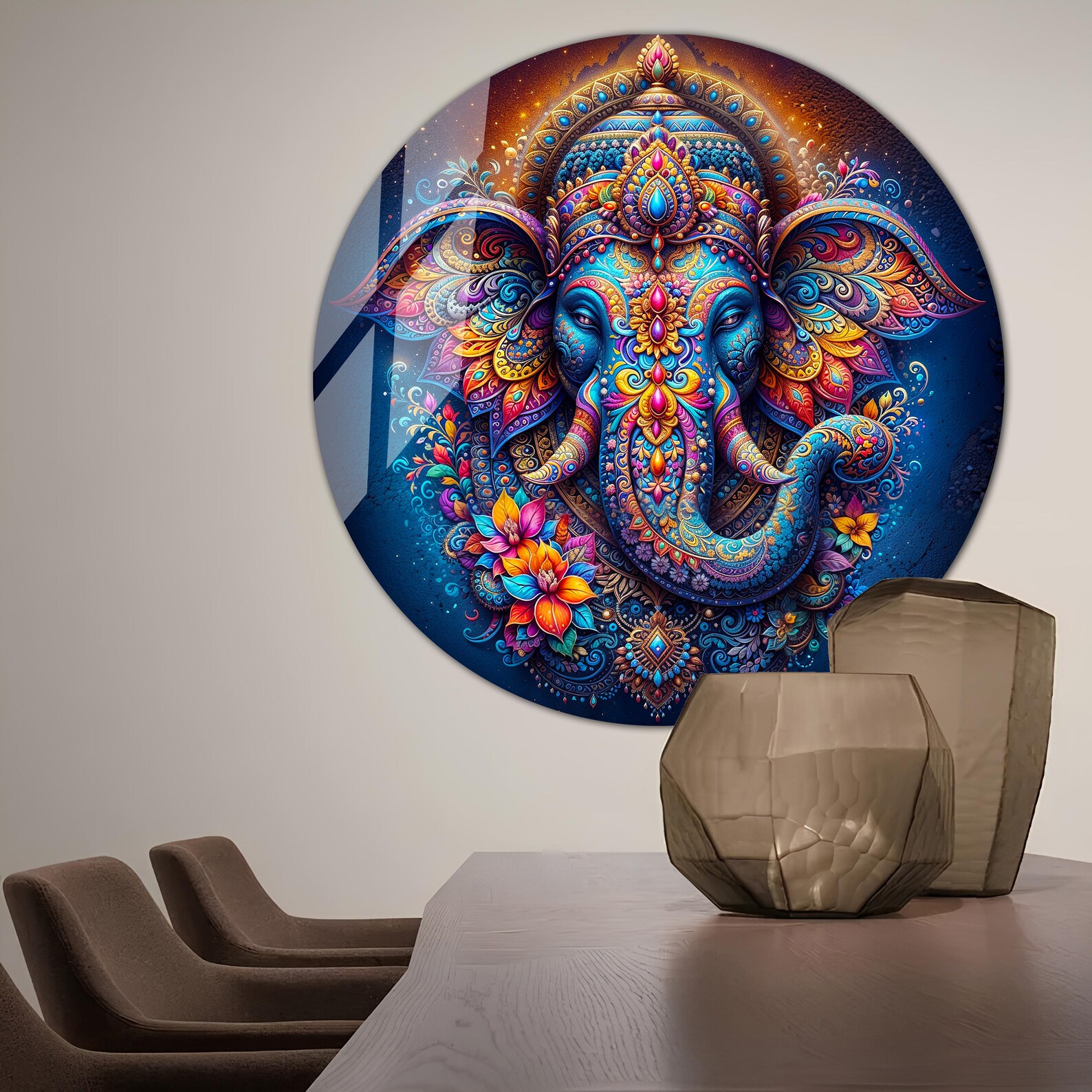 Tempered Glass Wall Art Ganesh Wall Art Round Ganesha Wall Decor Large ...