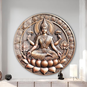 Copper Embossed Look Glass Wall Art, Lakshmi Wall Art, Goddess Wall Art Large,Tempered Glass Wall Art, Hindu God Wall Art,Lakshmi Wall Decor