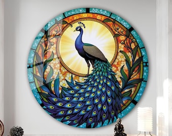 Pfau Schild, Glaspfau, Pfauenkranz Wandkunst, Gartendekoration, Türkranz, gehärtetes Glas Wandkunst