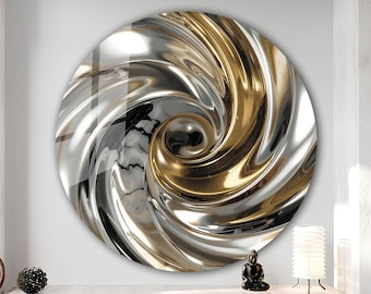 May include: A circular wall art piece with a swirling design in metallic silver and gold. The artwork has a central spiral and a marble-effect background. The piece is mounted on a white wall. The overall effect is modern and decorative.