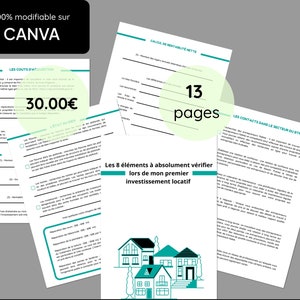 Peut inclure: Un guide imprimable vert et blanc avec le titre "Les 8 éléments à absolument vérifier lors de mon premier investissement locatif" et le texte "13 pages". Le guide est conçu pour aider les gens à apprendre l'investissement immobilier.